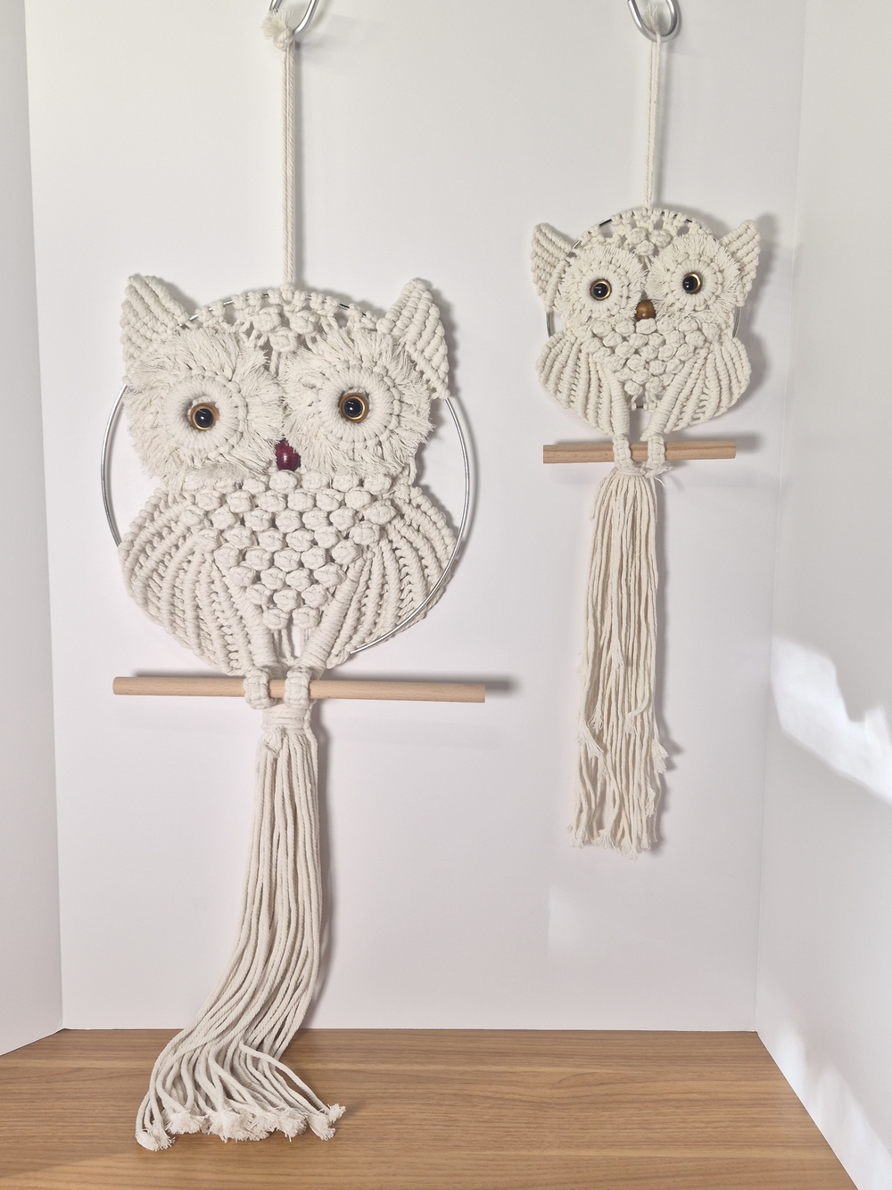 Large 2pc Vintage Macrame Owl Wall Hanging Set Boho Mother Baby